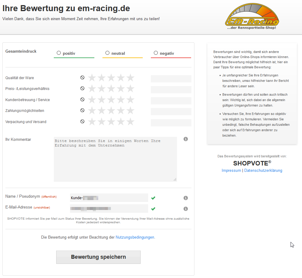 EM-Racing Bewertungsformular