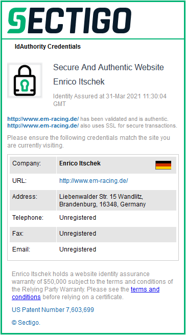EM-Racing Sectigo OV SLL Zertifikat